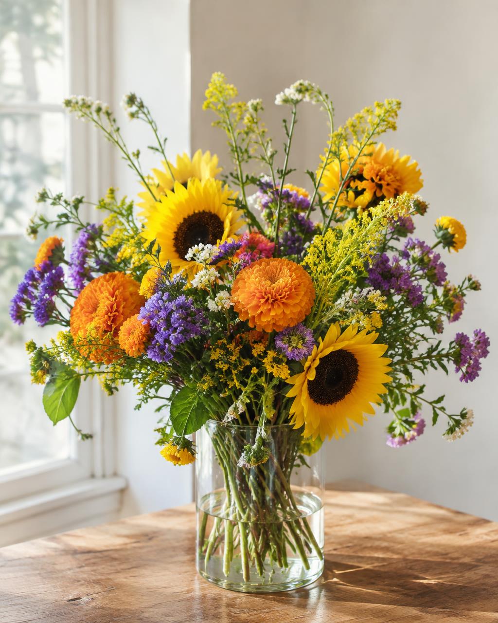Bright bouquet of sunflowers, marigolds and purple statice in a glass vase