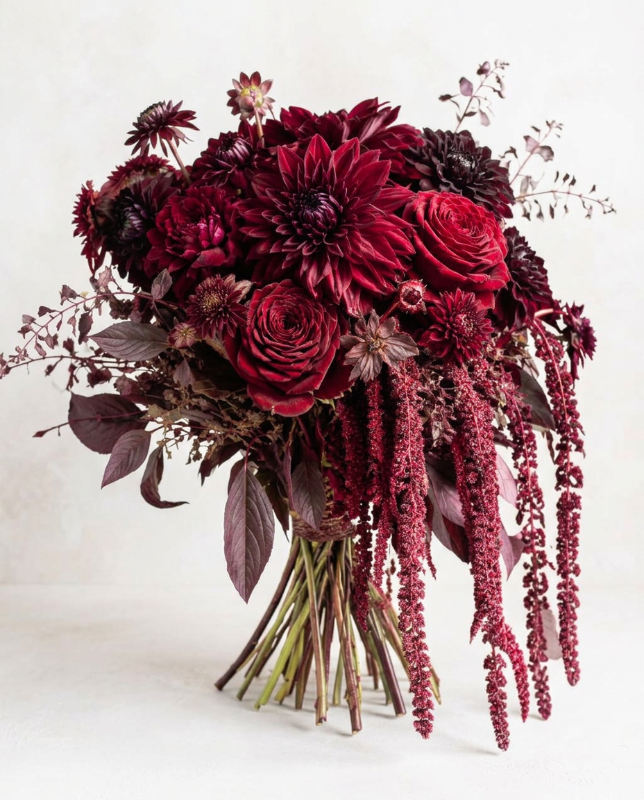 Moody bouquet of burgundy dahlias, dark roses and trailing amaranthus