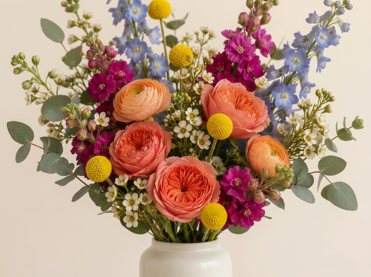 Coral garden roses, peach ranunculus, magenta stock, blue delphinium and yellow craspedia arranged in a cream ceramic vase