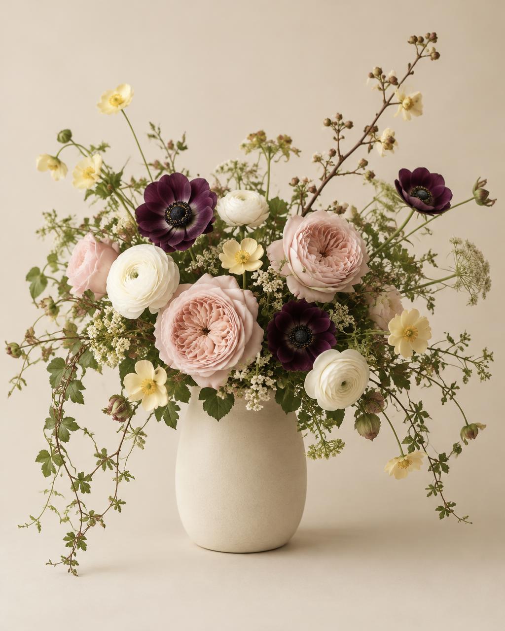 Garden-style arrangement of blush garden roses, white ranunculus, plum anemones and trailing greenery in a cream ceramic vase