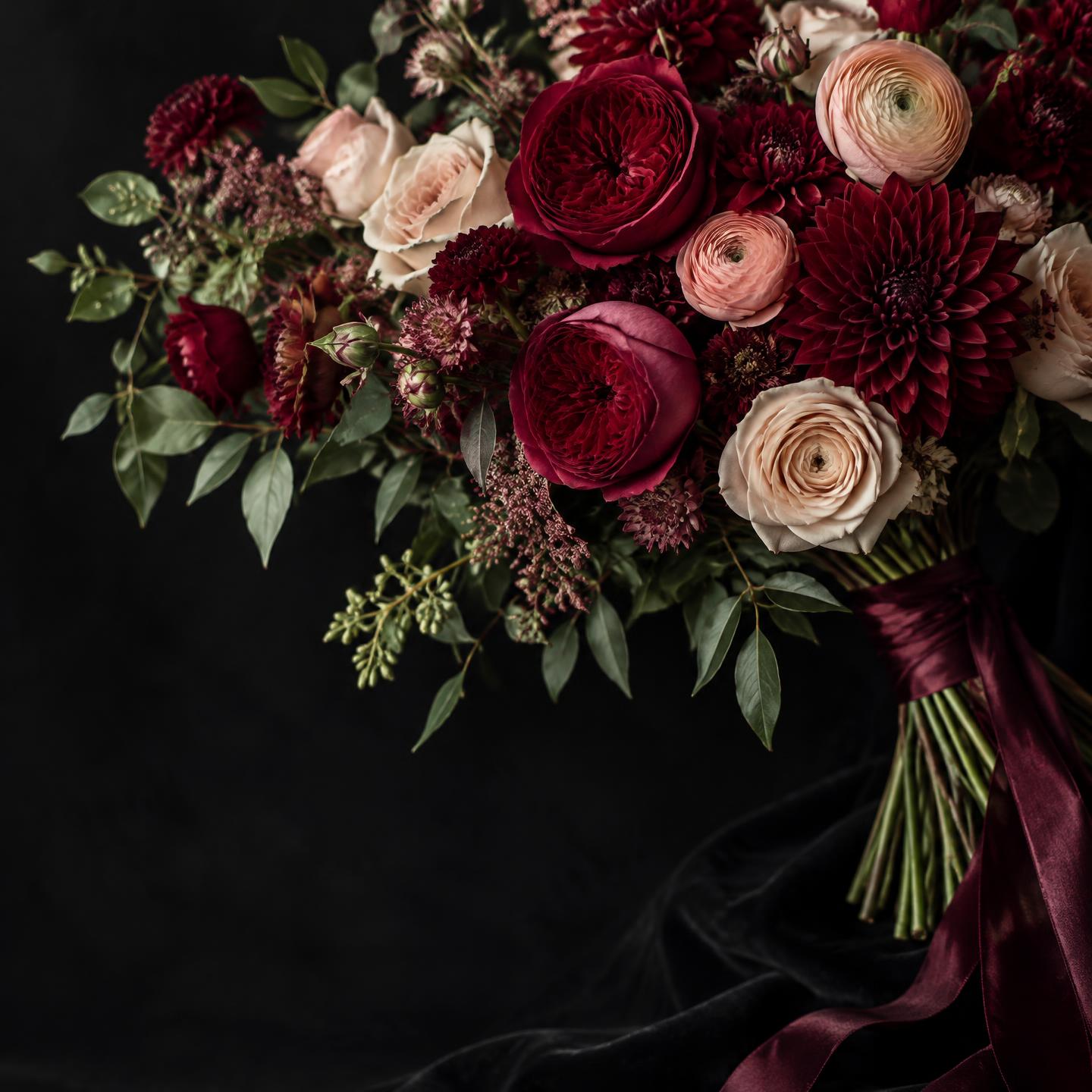Burgundy roses, dahlias and blush ranunculus in a hand-tied bouquet