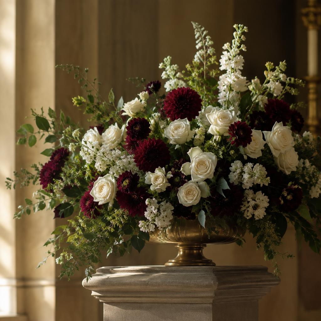 Large altar arrangement of ivory roses and burgundy dahlias in a brass vessel