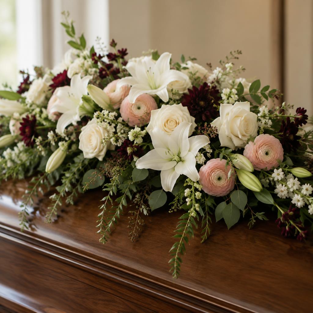 Casket spray of white lilies, ivory roses and blush ranunculus on a polished wood casket