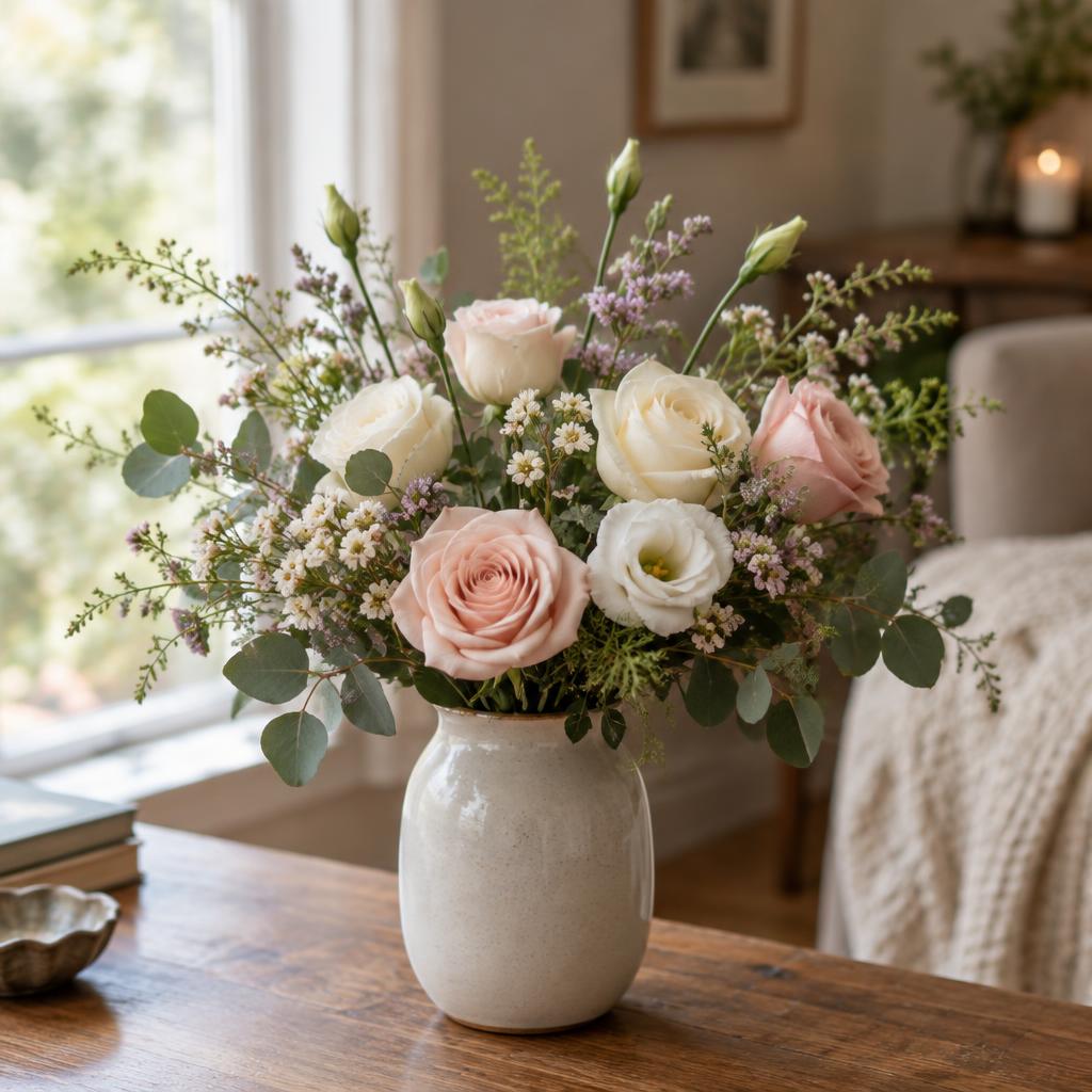 Soft pastel rose arrangement in a ceramic vase by a window