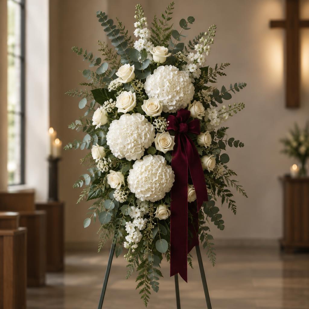 Standing easel spray of white hydrangea and roses with a burgundy ribbon